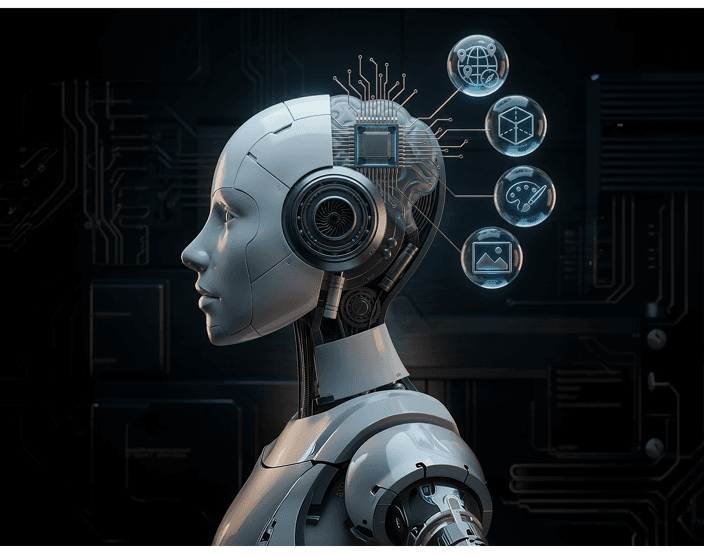 AI robot profile with floating concept generation icons